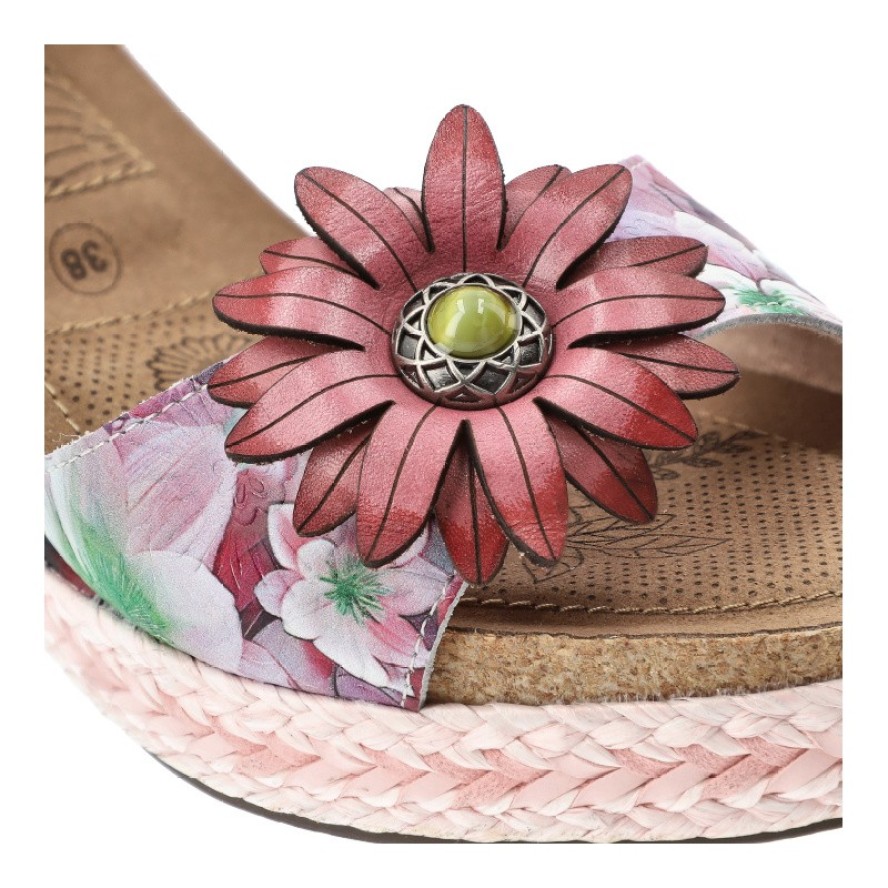 Sandały damskie Laura Vita, ze skóry naturalnej i podwyższona podeszwa na koturnie z plecionym wykończeniem, różowe, Facyo 75 AC1198-75 Lilas