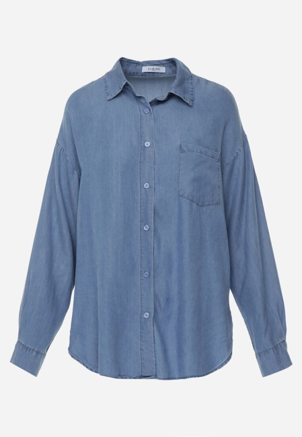Niebieska Denimowa Koszula z Bawełną i Kieszonką Worimi