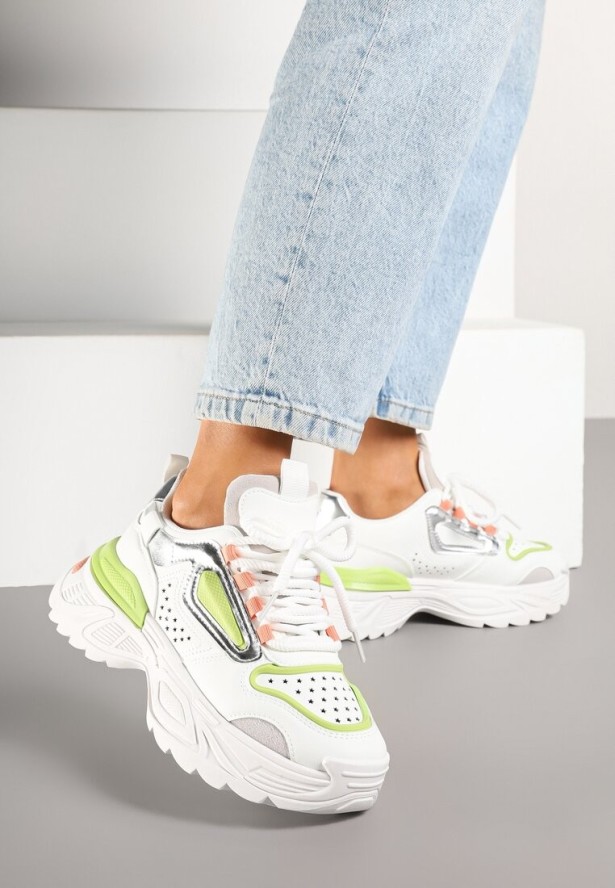 Biało-Zielone Sneakersy na Grubej Podeszwie z Tłoczeniami Lilasea