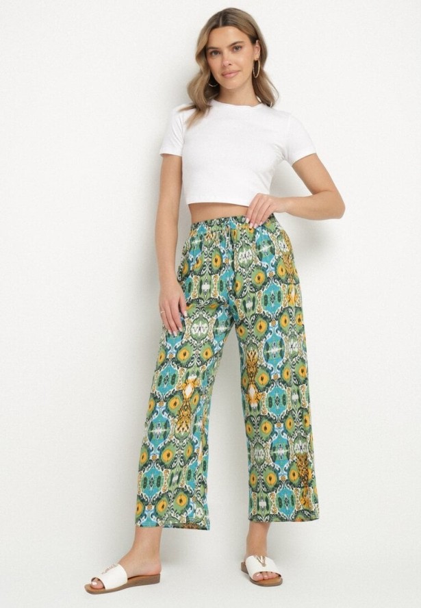 Zielone Spodnie Szerokie z Bawełny w Etno Print Tolivenna