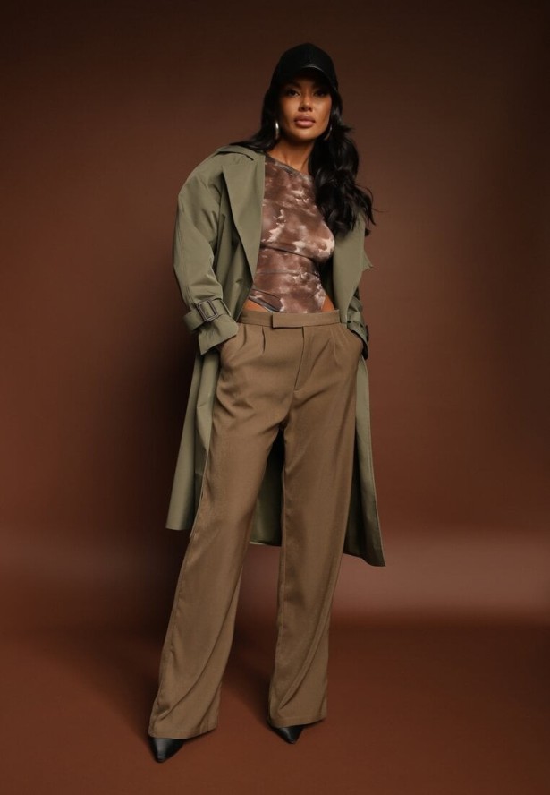 Zielony Dwurzędowy Płaszcz Trencz z Paskiem Ninnolia