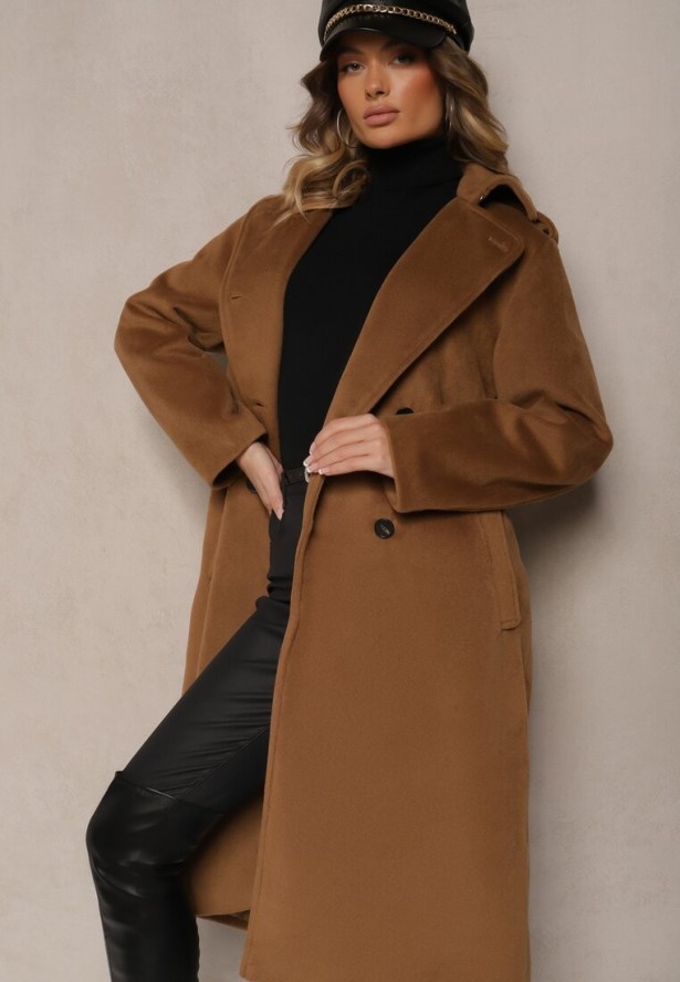 Brązowy Płaszcz Dwurzędowy o Długim Kroju Ozdobiony Paskiem Senadriel