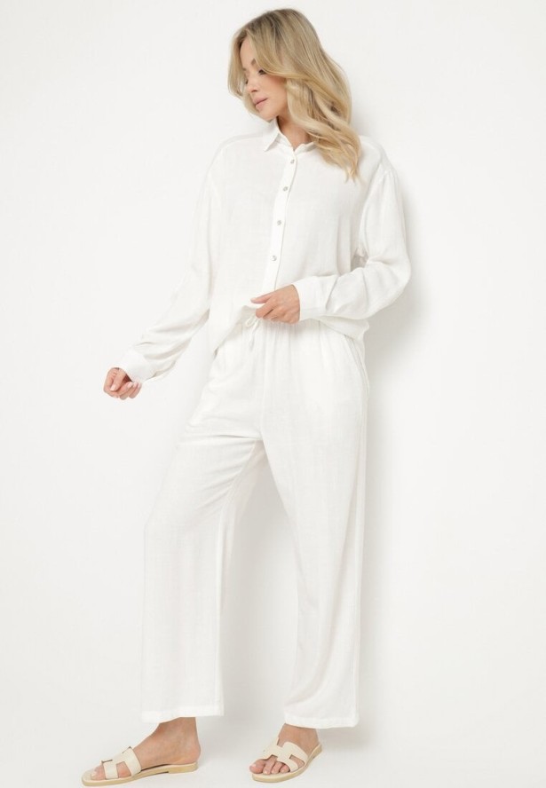 Biały Komplet z Lnem i Wiskozą Koszula i Spodnie Hanelior