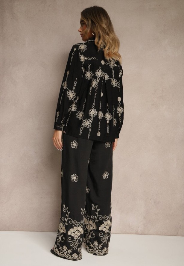 Czarny Komplet z Bawełny Koszula i Spodnie z Haftem z Metalicznymi Przeszyciami Banorea