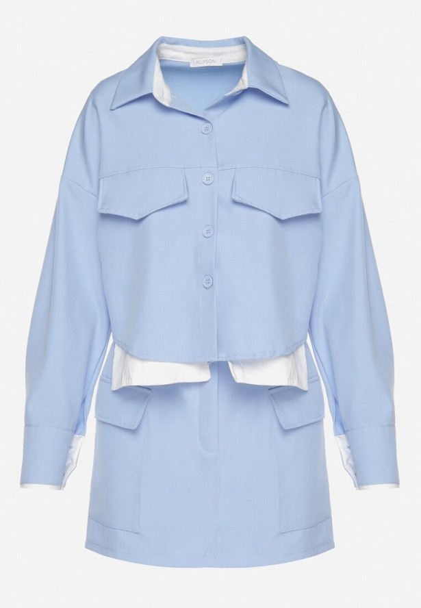 Niebieski Komplet Koszula i Spódnica z Imitacją Kieszeni Zensedi