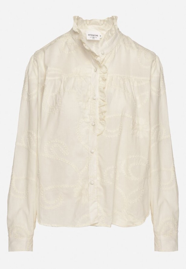 Beżowa Bawełniana Koszula z Falowaną Stójką i Haftem Danilsa