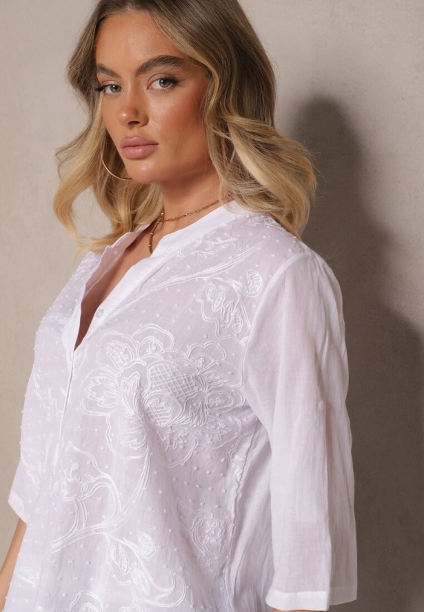 Biała Bawełniana Koszula Ozdobiona Haftem i Regulowanymi Rękawami Aranovia