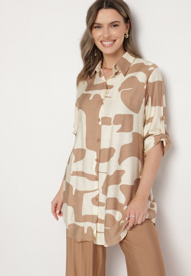 Jasnobeżowy Komplet z Wiskozą Koszula z Geometrycznym Wzorem i Spodnie Rinavinea