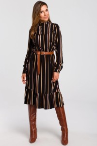 Sukienka boho w paski z falbaną i paskiem brązowa wiskoza