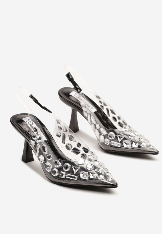 Czarne Transparentne Czółenka na Obcasie Kaczuszka z Dużymi Cyrkoniami Panilra