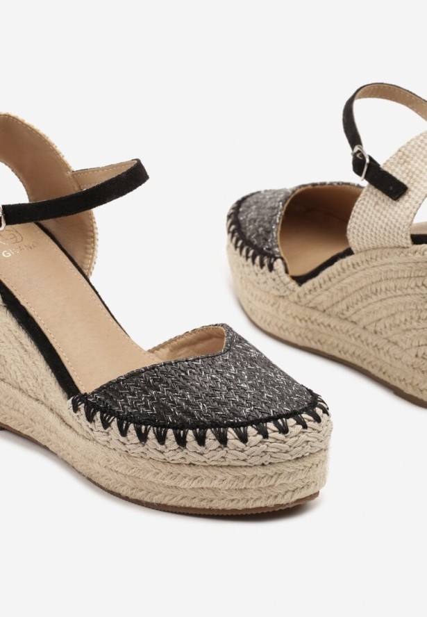 Czarne Sandały Espadryle z Plecionką na Koturnie Weanise