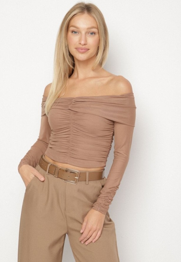 Ciemnobeżowa Siateczkowa Bluzka VICES z Odkrytymi Ramionami Ozdobiona Marszczeniem Tuvita