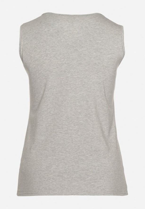 Szary Bawełniany Top Koszulka bez Rękawów z Haftem przy Dekolcie Testa