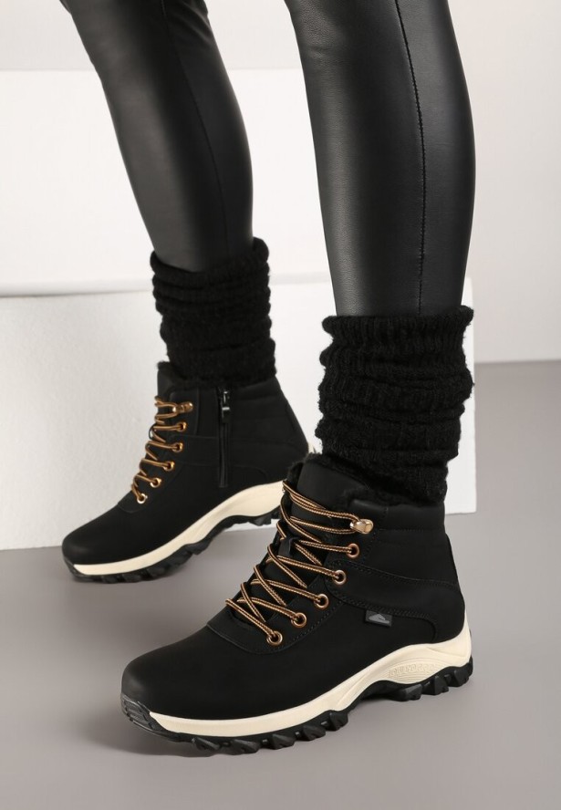 Czarno-Złote Płaskie Ocieplane Trapery ze Sznurowaniem Riviri