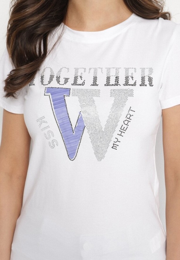 Biały T-shirt z Bawełny Ozdobiony Napisem i Cyrkoniami Raltebis