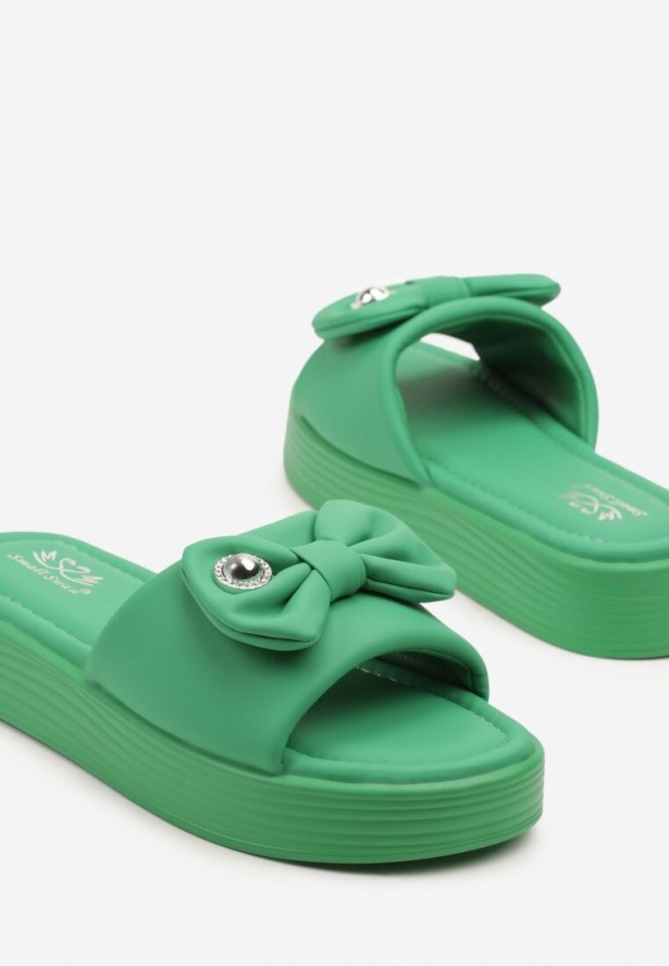 Zielone Klapki na Niskiej Platformie z Kokardą Meririela