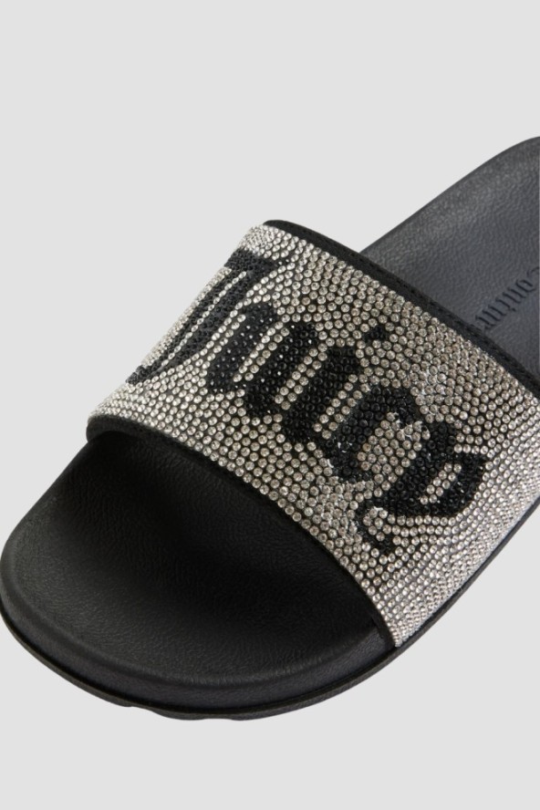 JUICY COUTURE Czarne klapki damskie ze srebrnymi cyrkoniami Donna Slider, Rozmiar 37