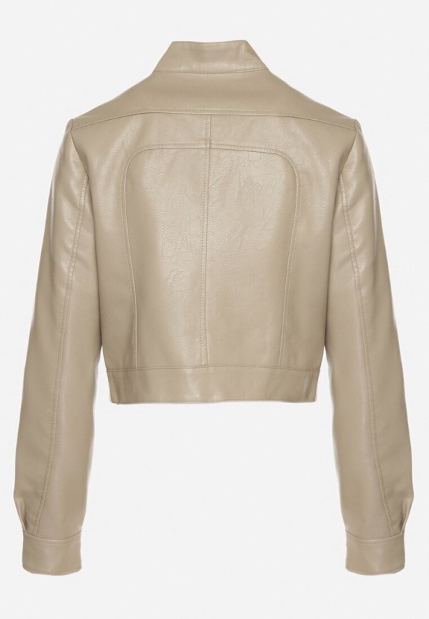 Ciemnobeżowa Kurtka Ramoneska w Motocyklowym Stylu z Klamerką Terlia