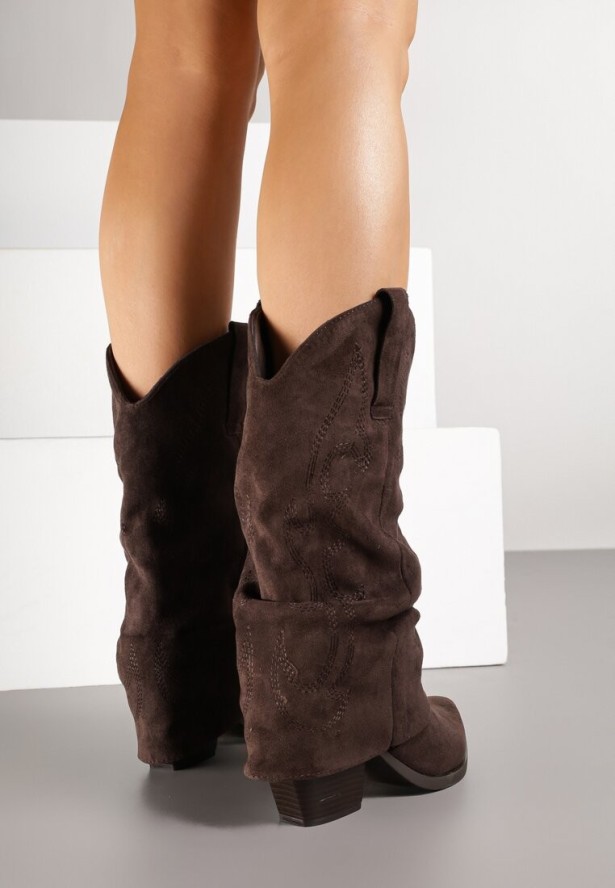 Ciemnobrązowe Botki Kowbojki z Cholewką Imitującą Nogawkę Zellaxie