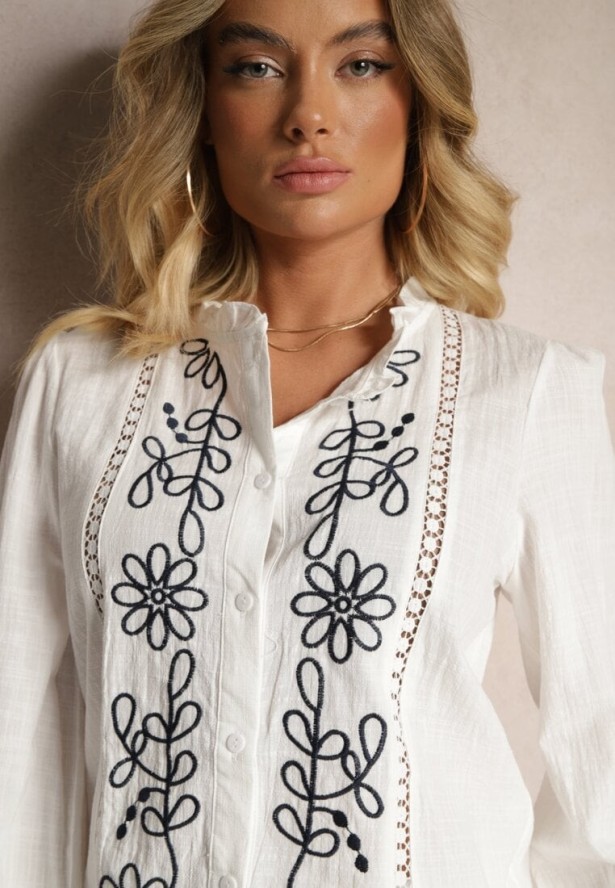 Biała Koszula z Wiskozą Bawełną i Haftem Nalorielle