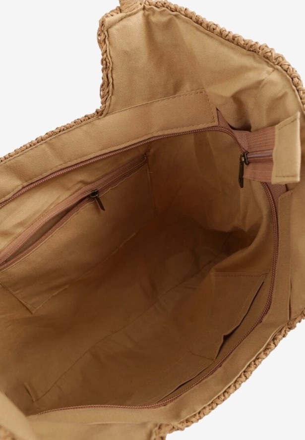 Ciemnobeżowa Torebka na Ramię Ozdobiona Frędzlem i Plecionką Rinaluna