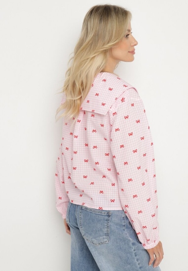 Różowa Koszula z Szerokim Kołnierzykiem z Bawełny i Wiskoz w Kratkę Lavzemis