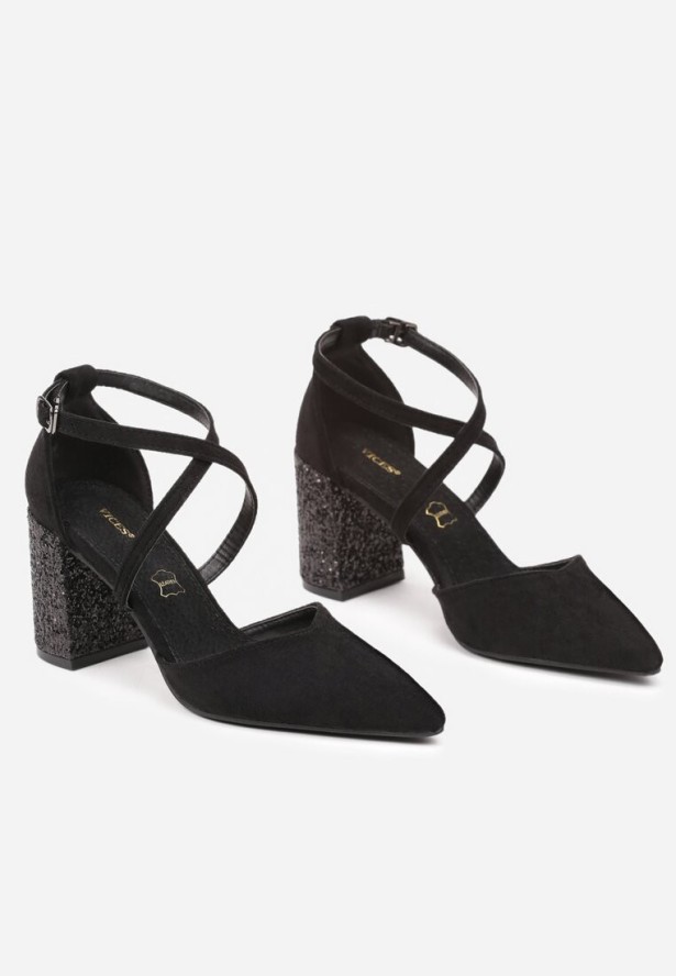 Czarne Czółenka Vices na Brokatowym Obcasie z Wkładką ze Skóry Naturalnej i Ozdobnymi Paskami Leaniella