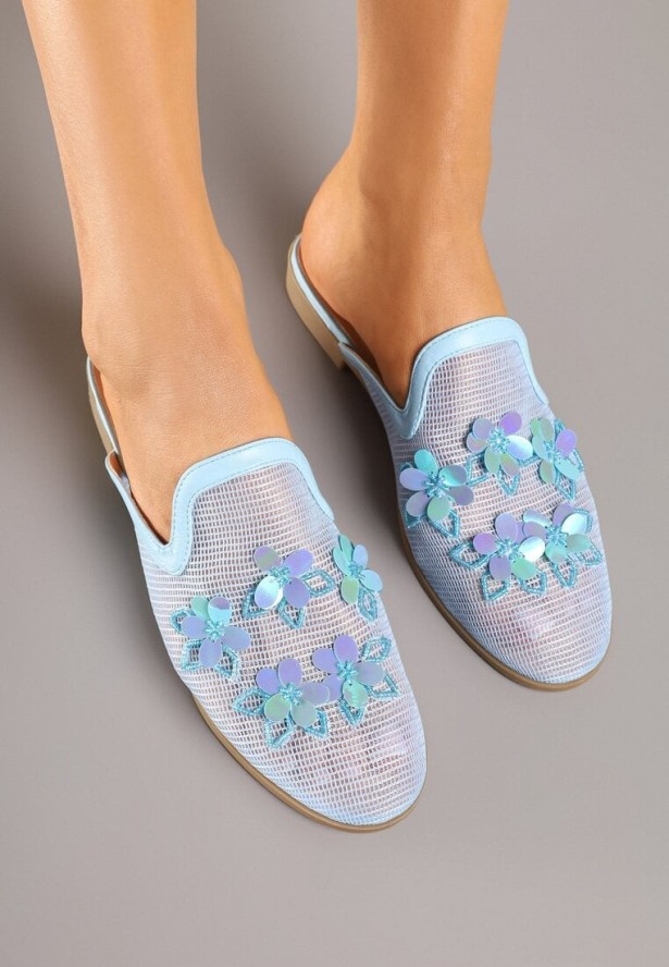 Niebieskie Siateczkowe Klapki Typu Mule z Kwiatami 3D Vilmoi