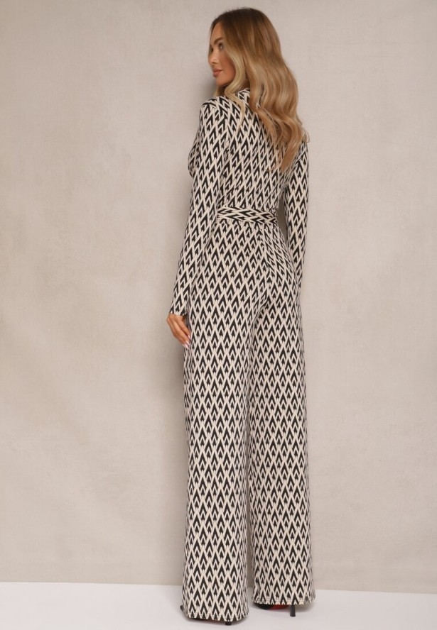 Czarny Kombinezon z Kopertowym Dekoltem Paskiem i Geometrycznym Printem Sarilen