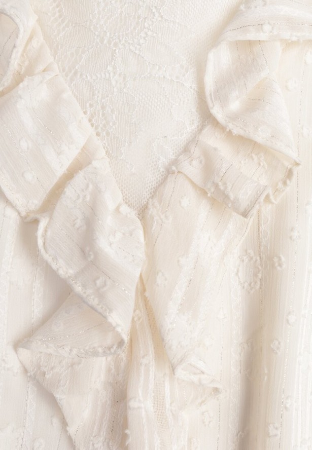 Beżowa Bluzka z Koronką i Falbankami Zdobiona Metalicznymi Przeszyciami Aliafera