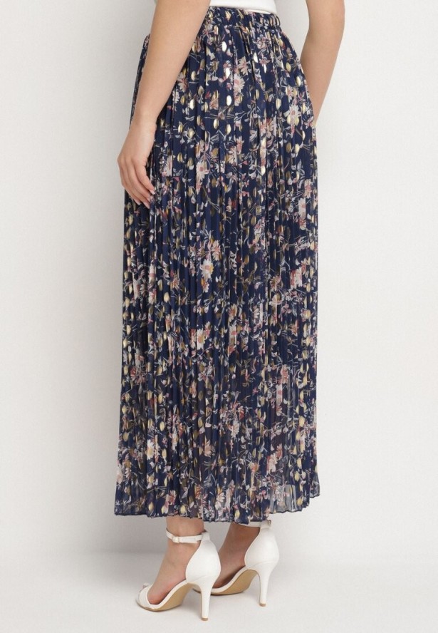 Granatowa Rozkloszowana Spódnica Plisowana z Metalicznym Nadrukiem w Kwiatowy Wzór Folireia