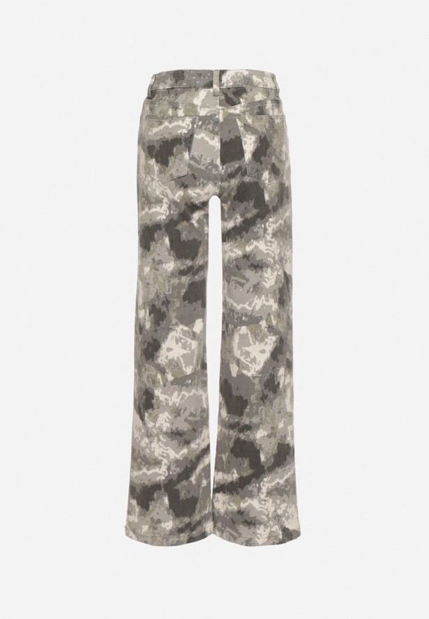 Szare Szerokie Jeansy z Bawełny z Wysokim Stanem we Wzór Moro Napielia