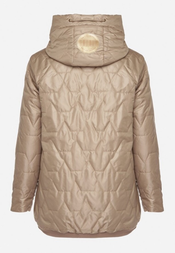 Ciemnobeżowa Kurtka Pikowana o Pudełkowym Kroju z Kapturem Nusolea