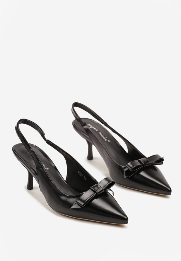 Czarne Sandały Sling-Back na Szpilce Kaczuszce z Ozdobną Kokardką Avienne