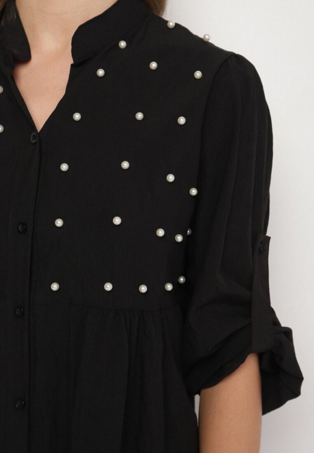 Czarna Koszula z Wiskozą Ozdobiona Perełkami Tanavitia
