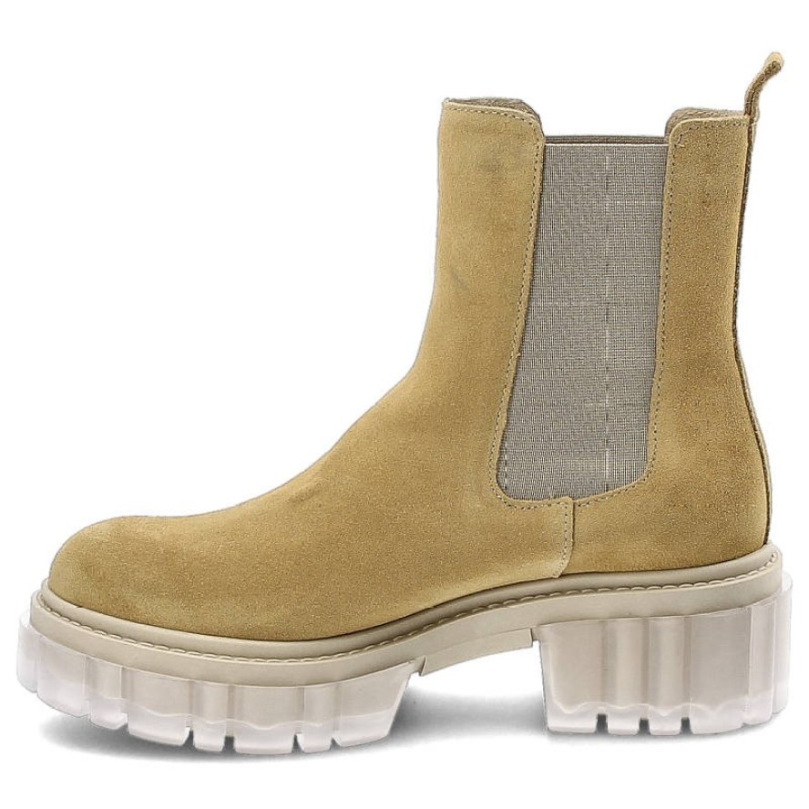 Botki damskie Lemar, wykonane ze skóry zamszowej z elastycznymi panelami bocznymi masywną podeszwą z tworzywa i pętelką z tyłu cholewki, piaskowe, 30