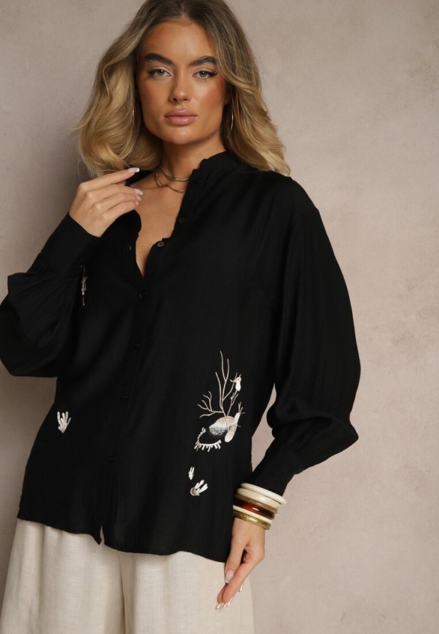 Czarna Klasyczna Koszula z Wiskozą z Haftowanymi Zdobieniami Korolena