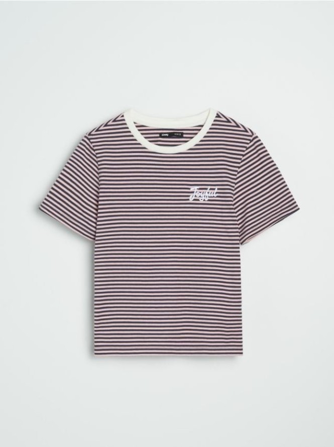 Koszulka w paski z haftowanym napisem - wielobarwny