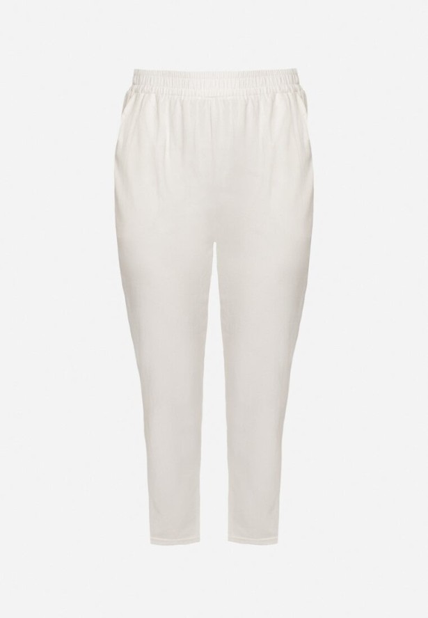 Białe Klasyczne Spodnie Bawełniane z Gumką w Pasie Olozi