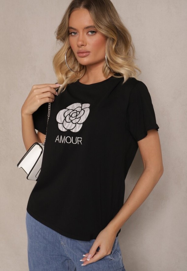 Czarna Bawełniana Bluzka Ozdobiona Napisem i Haftem Nalanith