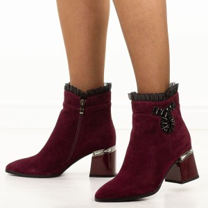 Bordowe zamszowe skórzane botki damskie na słupku DiA 52-127