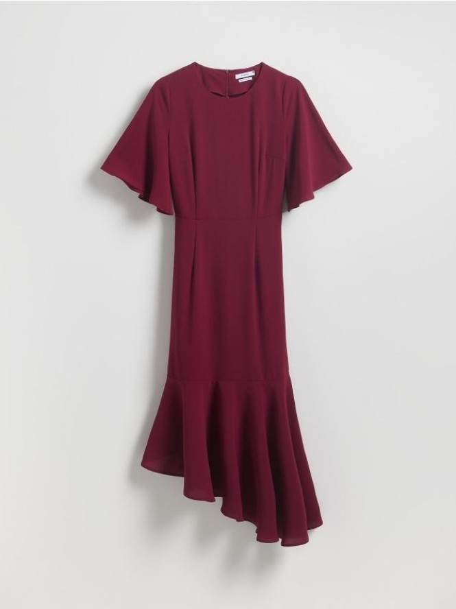 Asymetryczna sukienka z falbaną - burgundowy