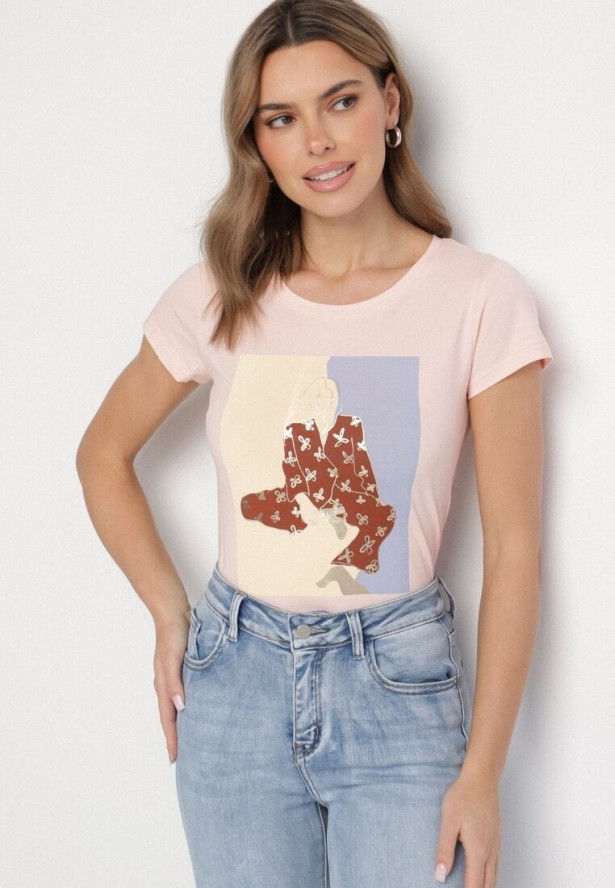 Jasnoróżowy Bawełniany T-shirt z Ozdobnym Nadrukiem Setonisea