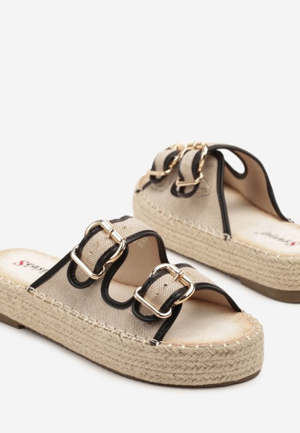 Beżowo-Czarne Klapki na Podeszwie z Plecionki z Tweedowymi Paskami z Klamrami Zilaya