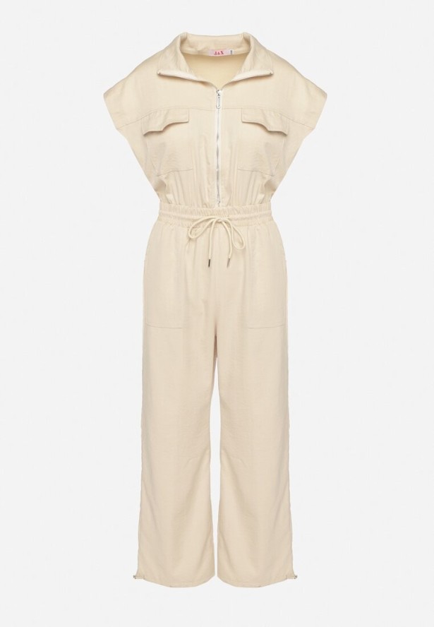 Beżowy Kombinezon na Krótki Rękaw z Kołnierzykiem i Zapięciem na Suwak Kareldi