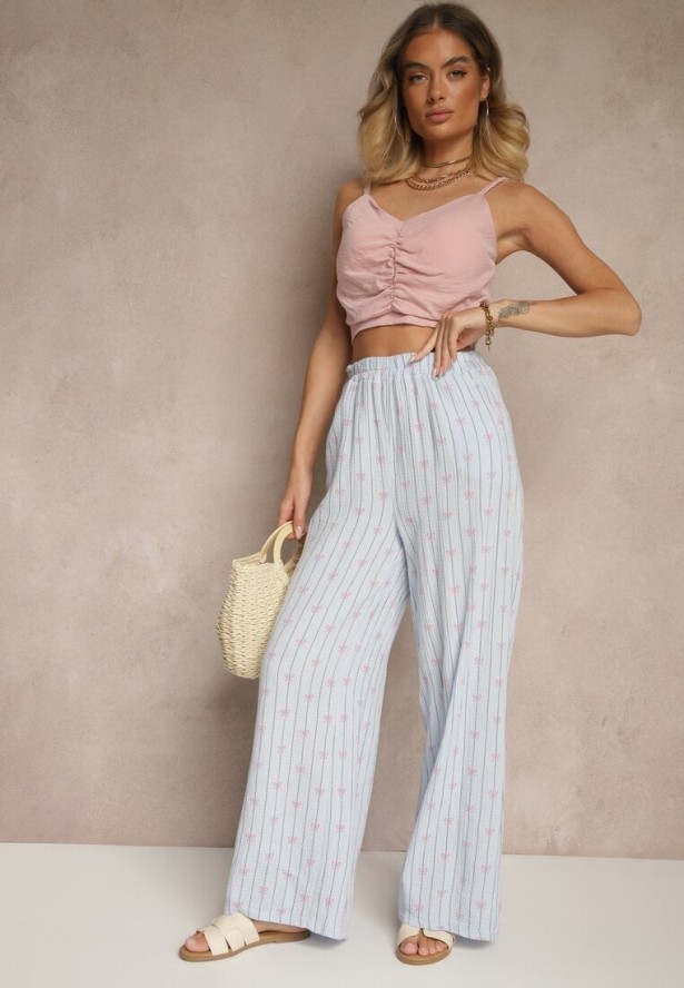 Niebieskie Bawełniane Spodnie Szerokie High Waist w Paski i Kokardy Reivira