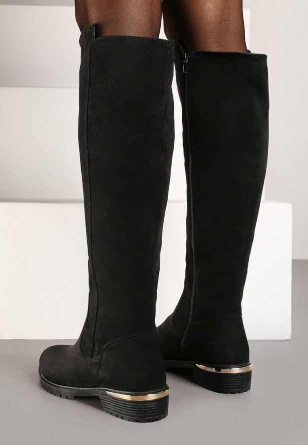 Czarne Płaskie Kozaki z Luźną Cholewką Przed Kolano z Imitacji Zamszu Lesida