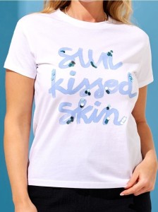 Bawełniana koszulka z napisem i cekinami - biały