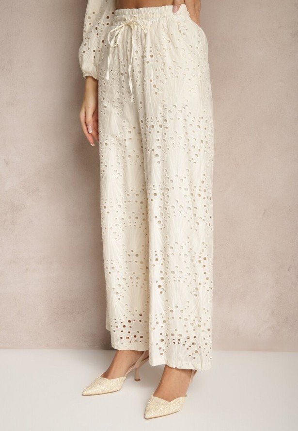 Beżowe Szerokie Spodnie z Ażurowej Tkaniny z Wysokim Stanem Siledis