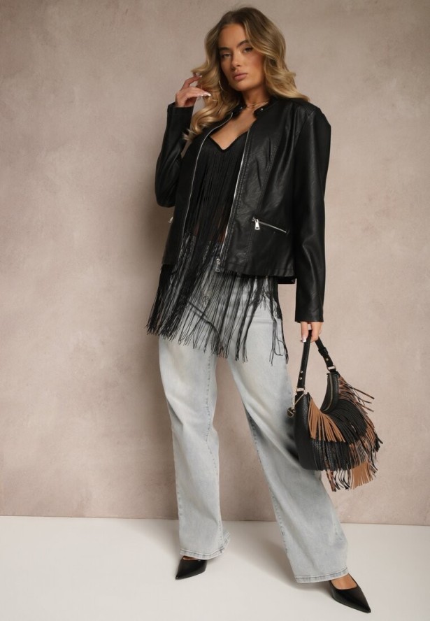 Czarna Kurtka w Stylu Ramoneski z Ozdobnym Paskiem Sovvezia